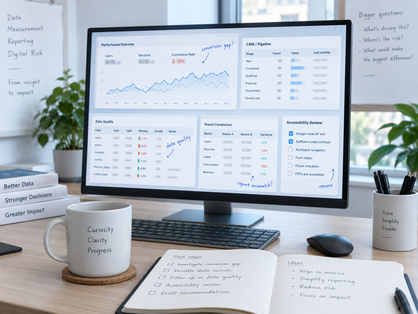 Analytics, reporting, data quality, and accessibility analysis workspace